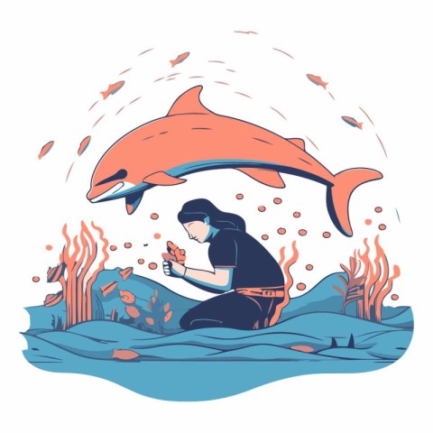 Vector illustration of a girl and a dolphin in the sea. Underwat