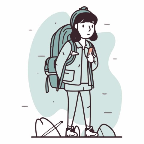 Illustration of a girl with a backpack and a mobile phone.