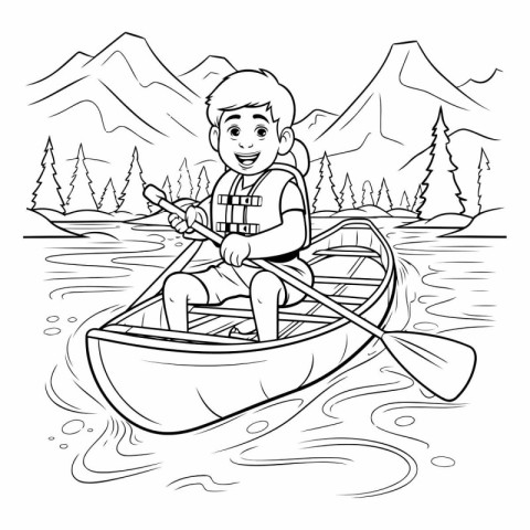 Boy rowing a canoe in the mountains. Coloring book for children.