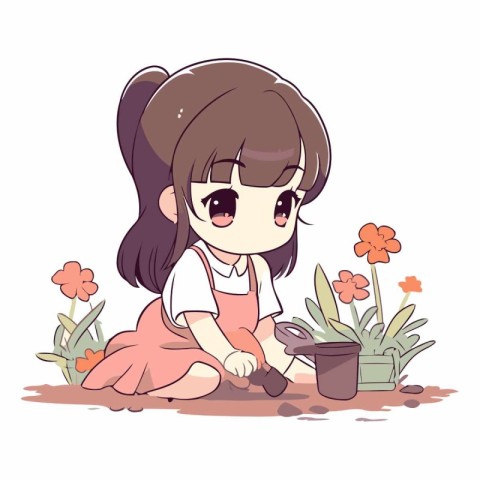 Cute little girl planting flower in the garden.