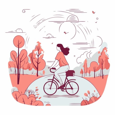 Young woman riding bicycle in autumn park in flat style