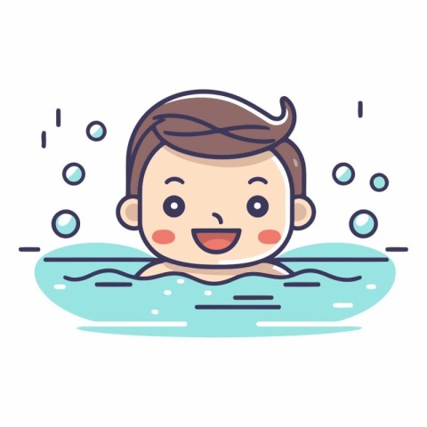 Cute boy swimming in the pool in cartoon style.