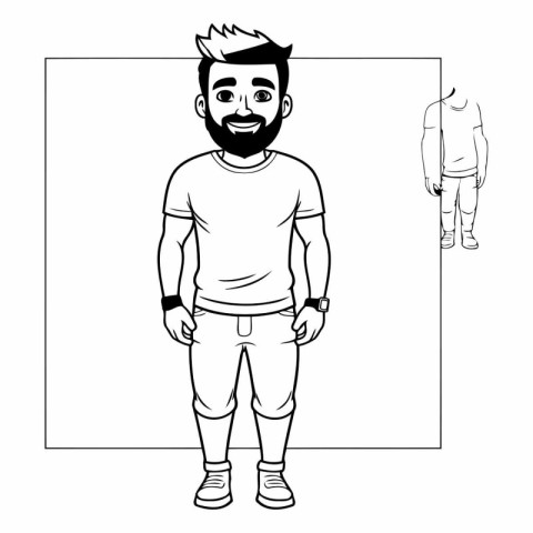 young man with beard avatar cartoon character in black and white