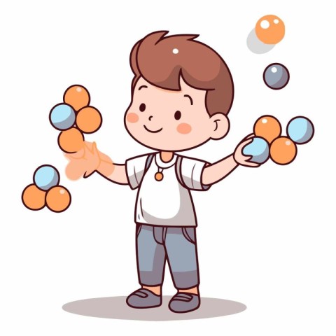 Cute little boy juggling balls in cartoon style.