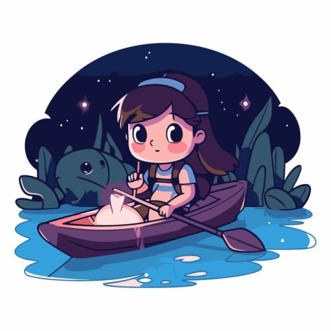 Cute little girl rowing a boat on the river at night. Cartoon ve