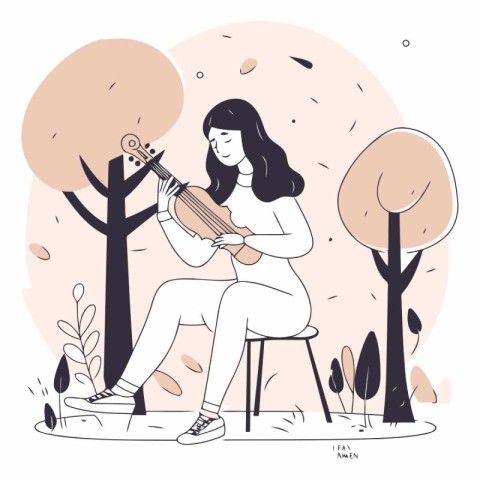 Woman playing the violin in the park in flat style.