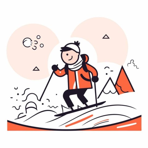 Vector illustration of a man skiing in mountains. Linear style d