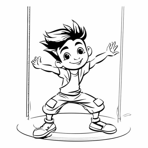 Boy playing on a swing. Black and white vector illustration for