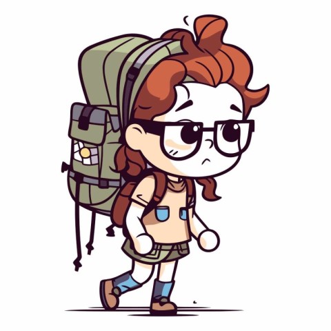 Cute Cartoon Traveler Girl with Backpack.