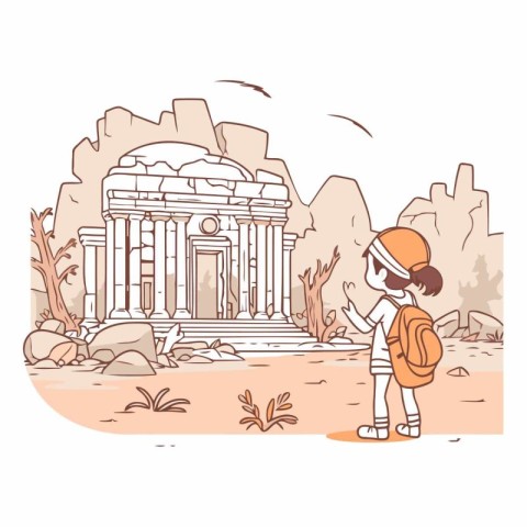 Cute little girl with a backpack on the background of ancient te