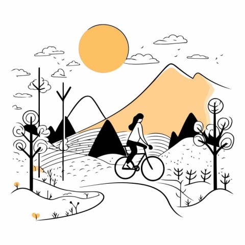 Mountain landscape with a girl on a bicycle.