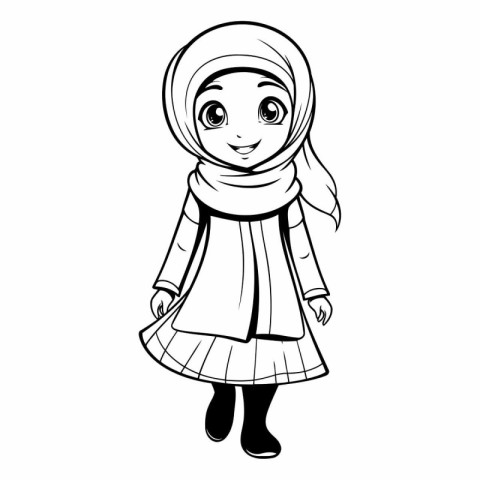 Cute cartoon muslim girl in traditional clothes.