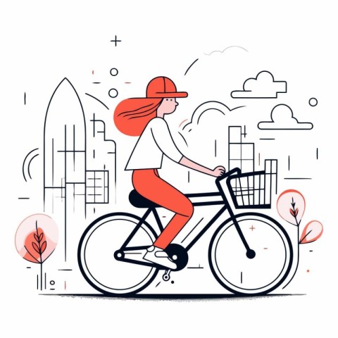 Vector illustration of a woman riding a bicycle in the city. Fla