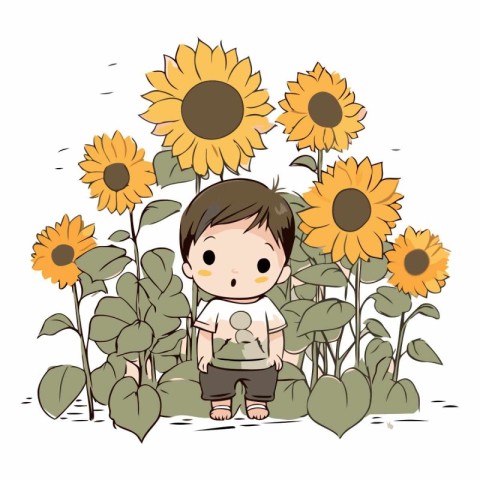 Cute little boy with sunflowers on white background.