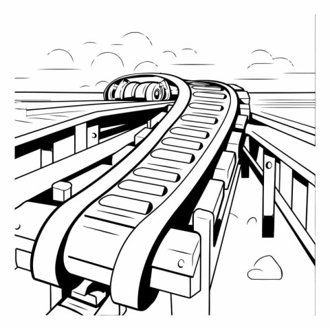 Black and white vector illustration of a high-speed car on the b