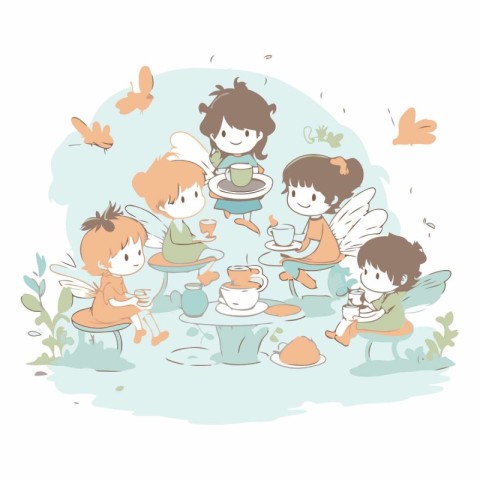 Illustration of a group of children drinking tea in the garden.