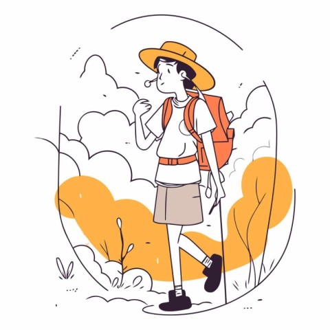 Tourist man with backpack in forest in sketch style