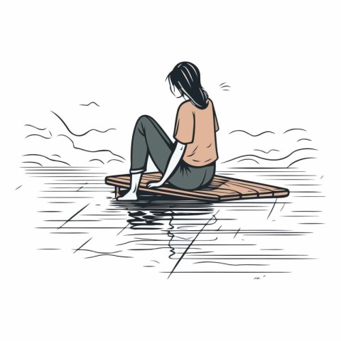 Girl sitting on a wooden boat in the lake.