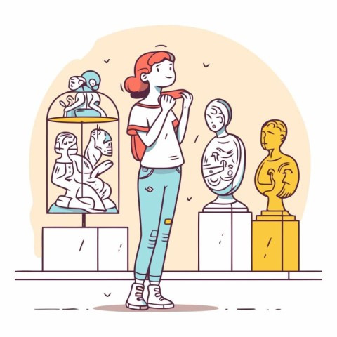 Woman looking at ancient statues in museum in cartoon style