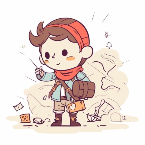 Cute little boy with a backpack and map.