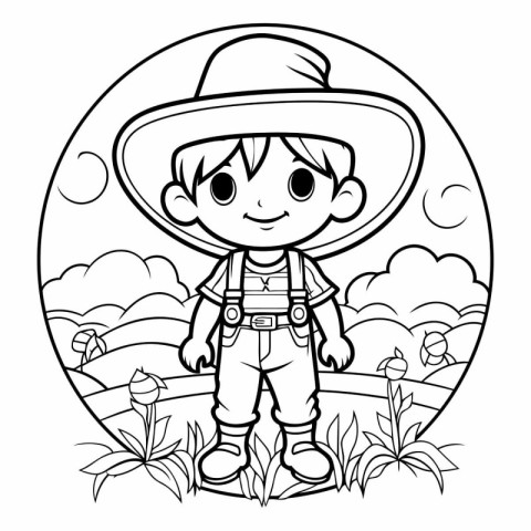 Coloring Page Outline Of a Little Boy Wearing Cowboy Costume