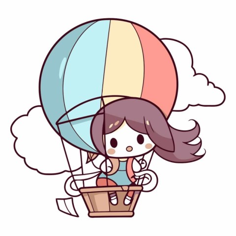 Illustration of a cute little girl flying on a hot air balloon