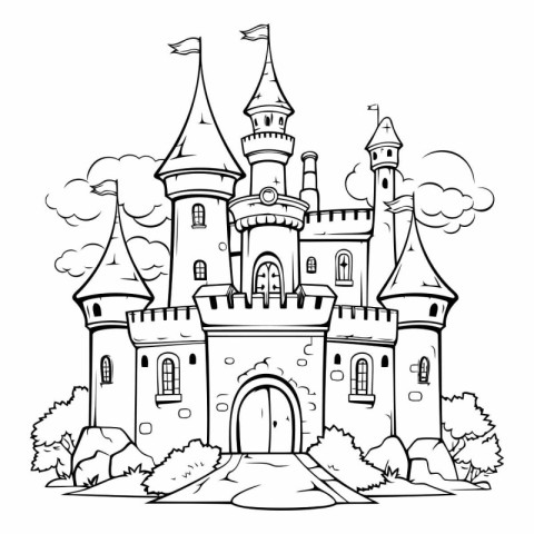 Castle Coloring Page Outline Of Cartoon Vector Illustration.