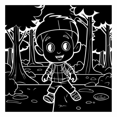 Boy walking in the forest. Black and white vector illustration f