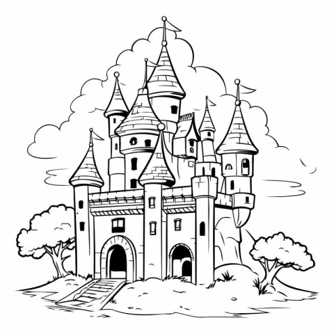 Fairytale castle. Black and white vector illustration for colori