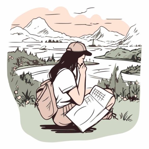 Vector illustration of a girl with a backpack reading a book in