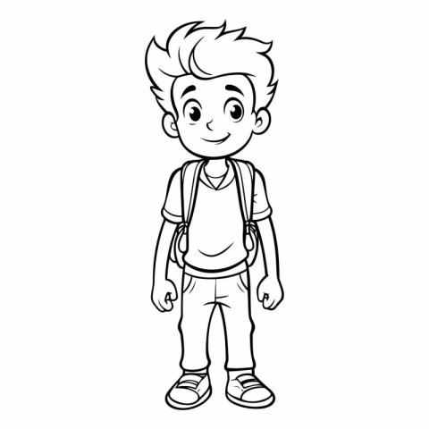 Cute cartoon boy with backpack for coloring book.