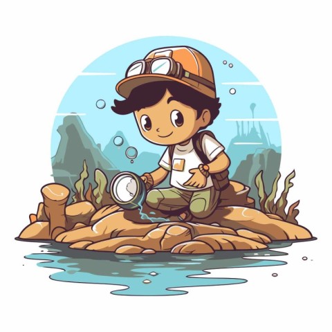 Cute boy in helmet with binoculars sitting on the rock.