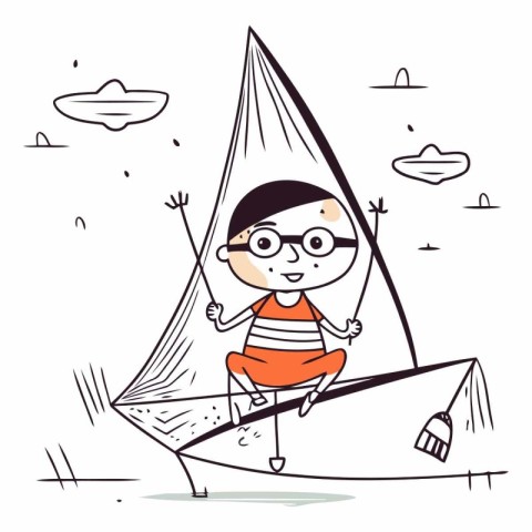 Little boy sailing on a sailboat. Hand drawn vector illustration