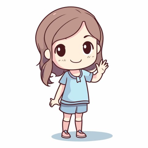 Cute little girl waving hand in cartoon style.