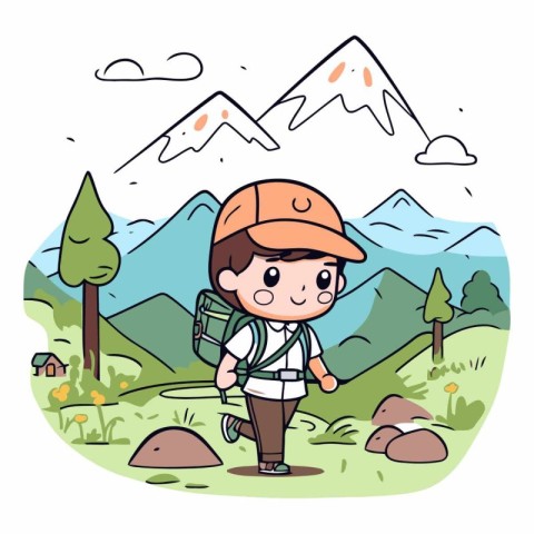 Cute little boy hiking in the mountains. hand drawn vector illus