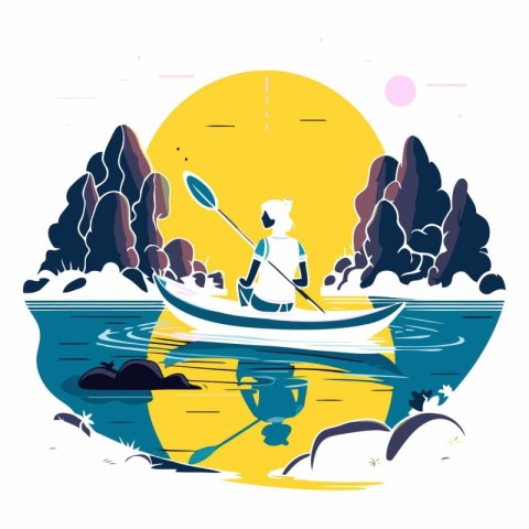 Kayaking on the lake in flat design style.