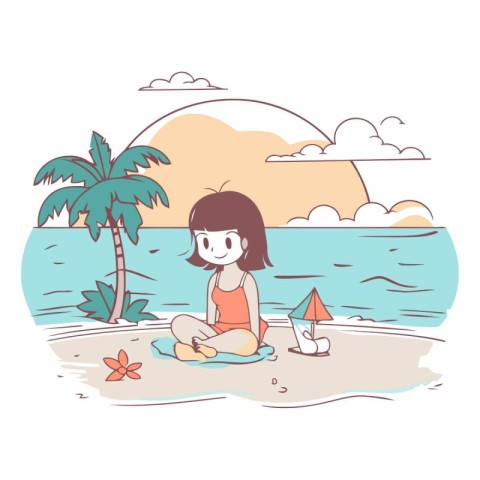 Cute little girl sitting on the beach with a sailboat.