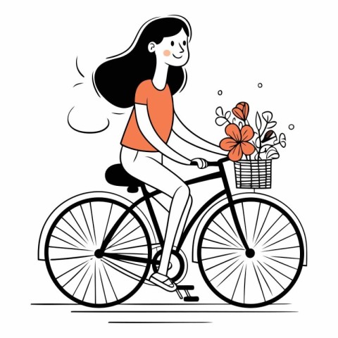 Young woman riding a bicycle with basket of flowers.