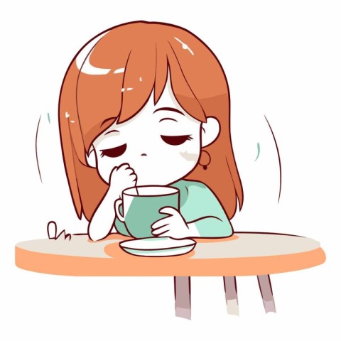 Illustration of a Cute Red Haired Girl Drinking Tea from a Cup