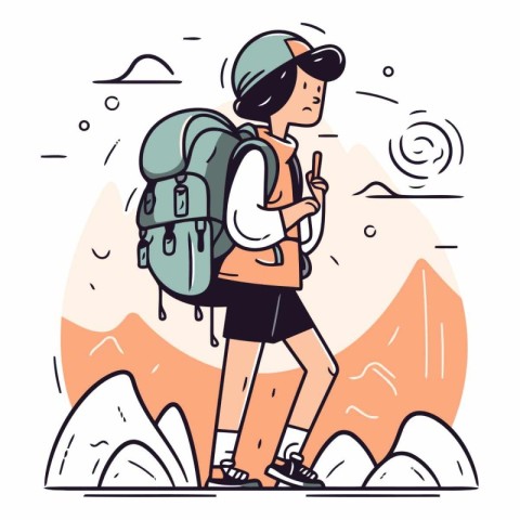 Vector illustration of a young woman hiker with backpack hiking