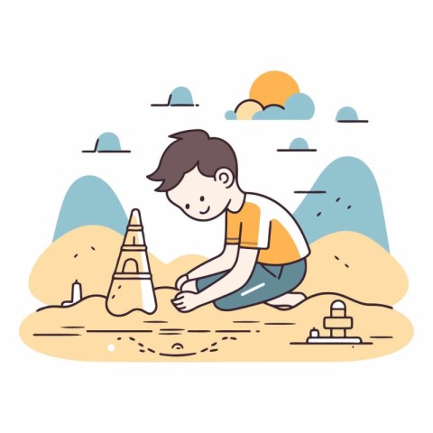 Boy playing with sand on the beach in flat style