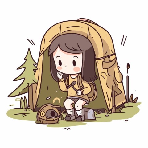 Illustration of a little girl sitting in a tent with a dog