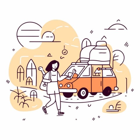 Vector illustration of a woman with a backpack riding a car in t