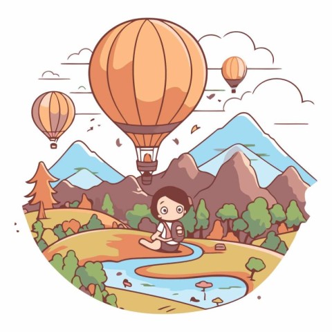 Vector illustration of a boy playing with hot air balloon in the