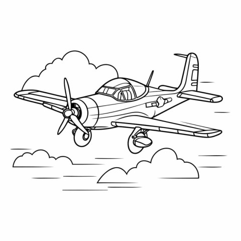 Vintage airplane flying in the clouds. Hand drawn vector illustr