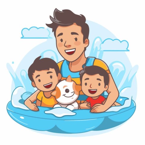 Happy father with his two kids in swimming pool.