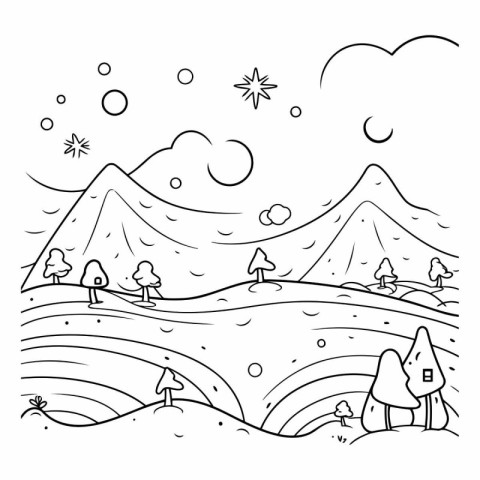 Black and white vector illustration of kids playing on the meado