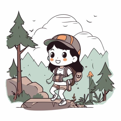 Illustration of a Kid Girl Hiking in the Forest - Vector