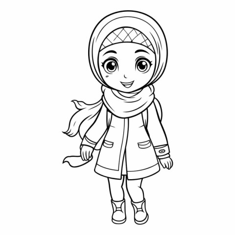 Coloring book for children: girl in a coat and scarf.