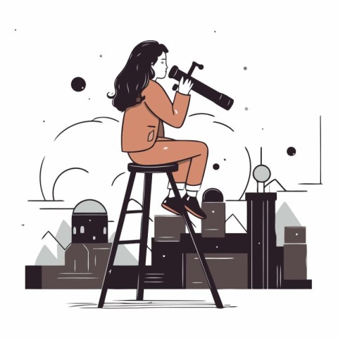 Young woman sitting on a stool and looking through a telescope.